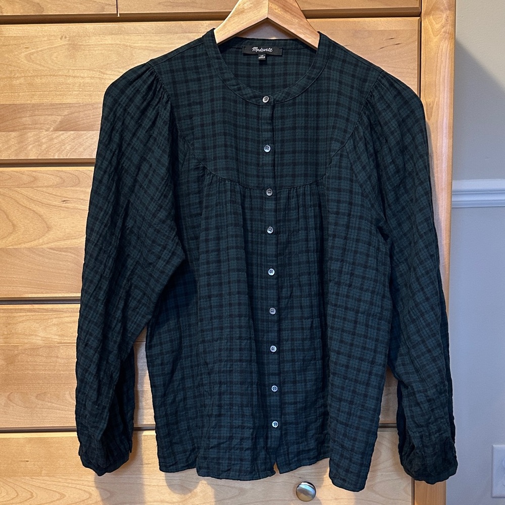 Madewell Dark Green & Black Plaid Button-Up Top